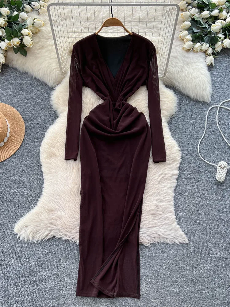 セクシーなVネックロングスリーブ、女性用デザイン、ハイウエストボディコンスカート、通勤用Aラインシルエット、ポリエステル繊維