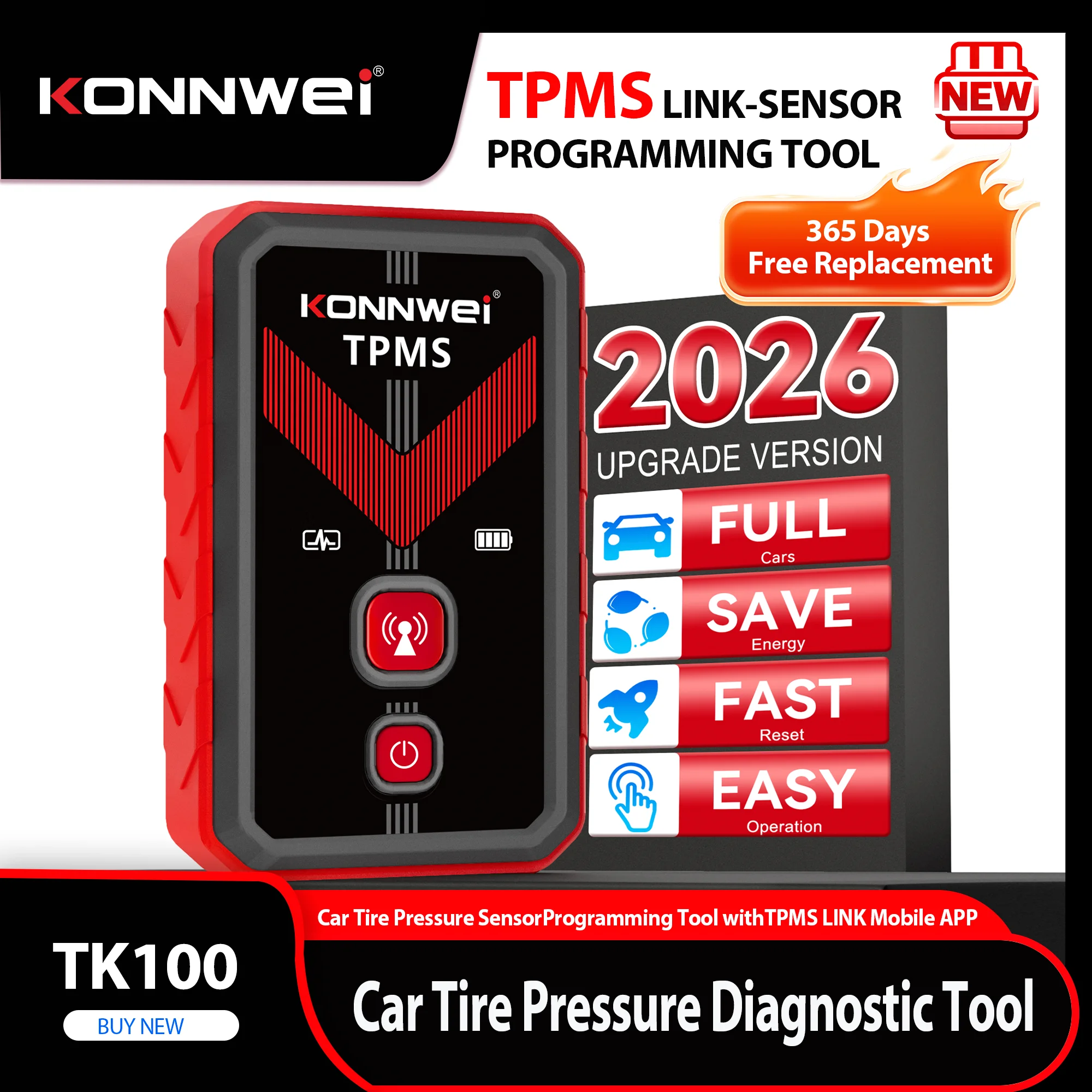 

2026 KONNWEI TK100 TPMS Car Programable Sensor OBD Relearn Tool 433MHz 315MHz Programing CELL PHONE Tire Pressure Monitor System