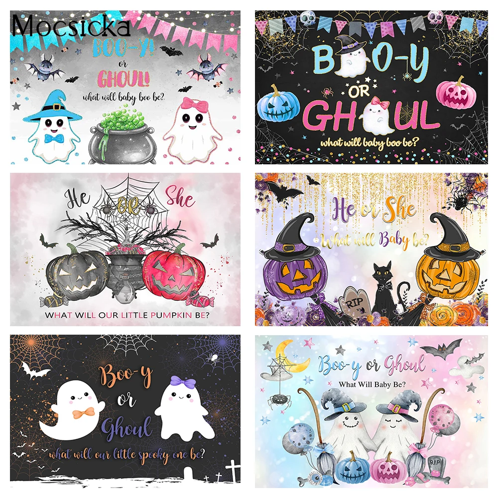 

Halloween He or She Party Photo Backdrop Pumpkin Little Ghost Boo Gender Reveal Background Decor Spider Web Bat Custom Props