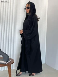 Siskakia Arab Dubai Fashion Autumn Winter Solid Hijab Women Set Casual Embroidery Open Kimono Abaya With Scarf Muslim Ramadan