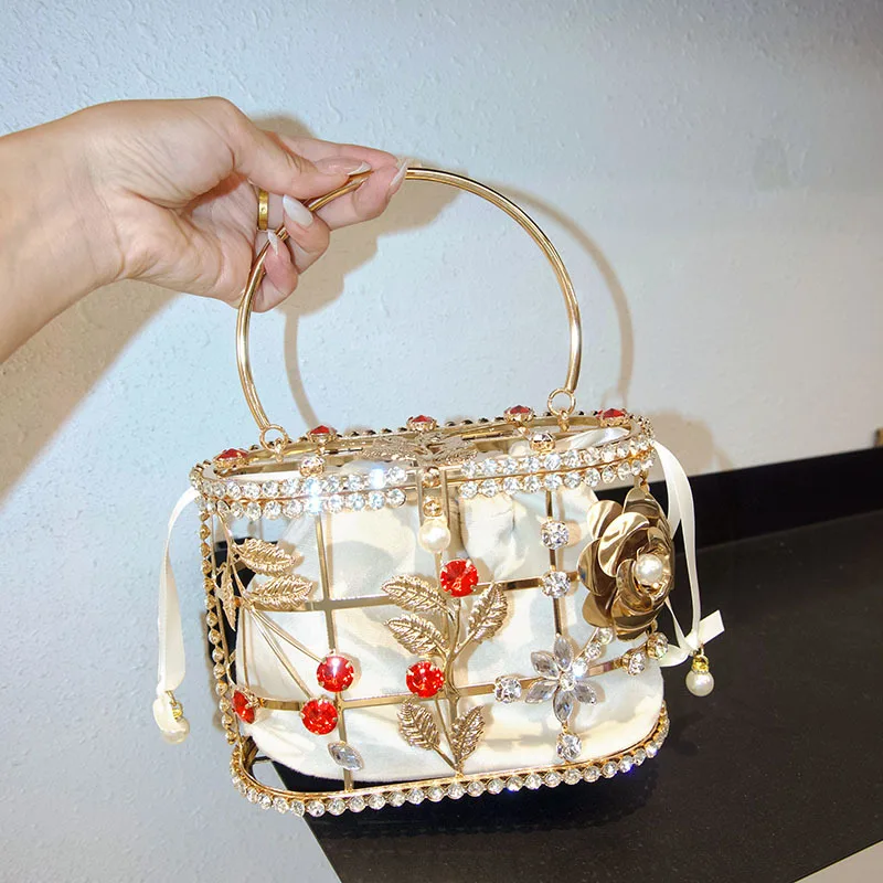 

Diamond Flower Evening Bag Hollow Beaded Metallic Cage Women Handbag Wedding Party Clutch Purse Shoulder Bag