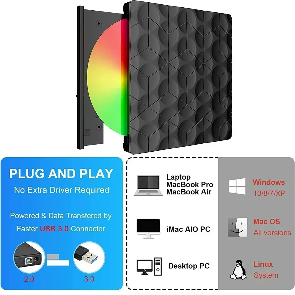 External DVD Video Player USB3.0 Type-C CD VCD Burner and Reader for Laptop Desktop PC Mac Windows Linux iOS Media Audio Players