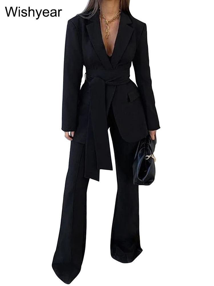Wishyear Office Lady Casual Black Long Sleeve Lapel Lace Up Blazer Top and Loose Straight Pants Two Piece Set Women Streetwear