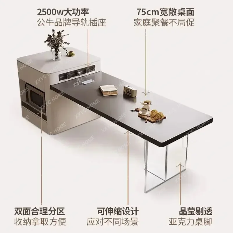 A  Modern simple mobile rock slab island dining table integrated telescopic storage microwave oven acrylic suspended black