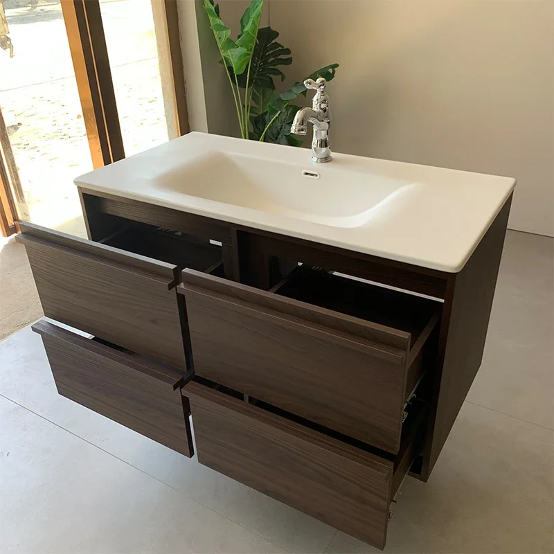 Walnut medieval bone line retro bathroom cabinet, matte ceramic integrated basin, wash bathroom