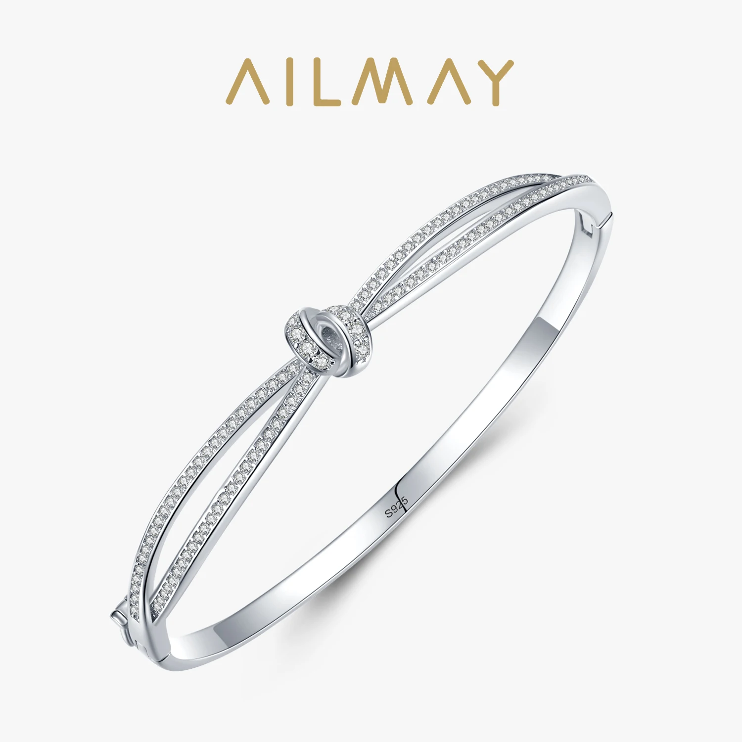 Ailmay 925 Sterling Silver Bowknot Fashionc bransoletki musujące jasne pierścionki z cyrkoniami dla kobiet biżuterii prezent na walentynki