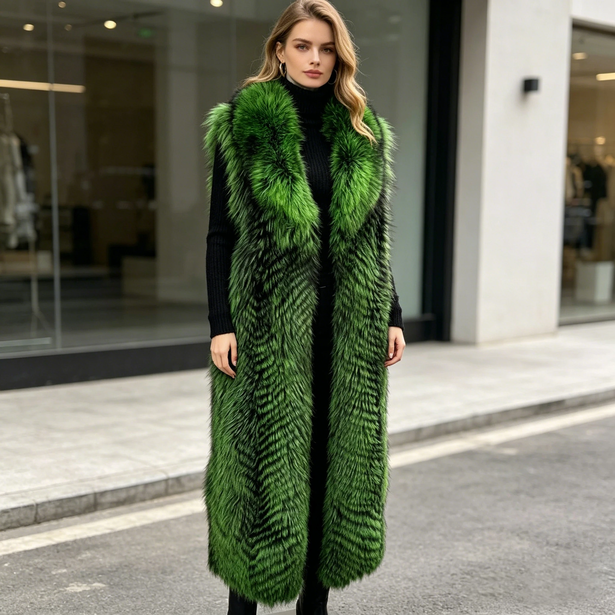 Real Fox Fur Vest With Collar Women's Long Fur Coat Sleeveless Fox Fur Coat Luxury New Arrival Genuine Fur Outwear