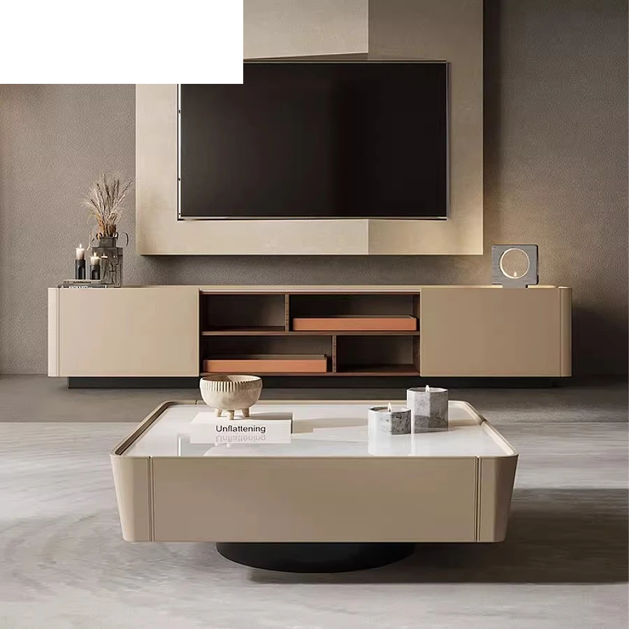 

Italian minimalist solid wood coffee table TV cabinet combination light luxury rock slab living room floor cabinet