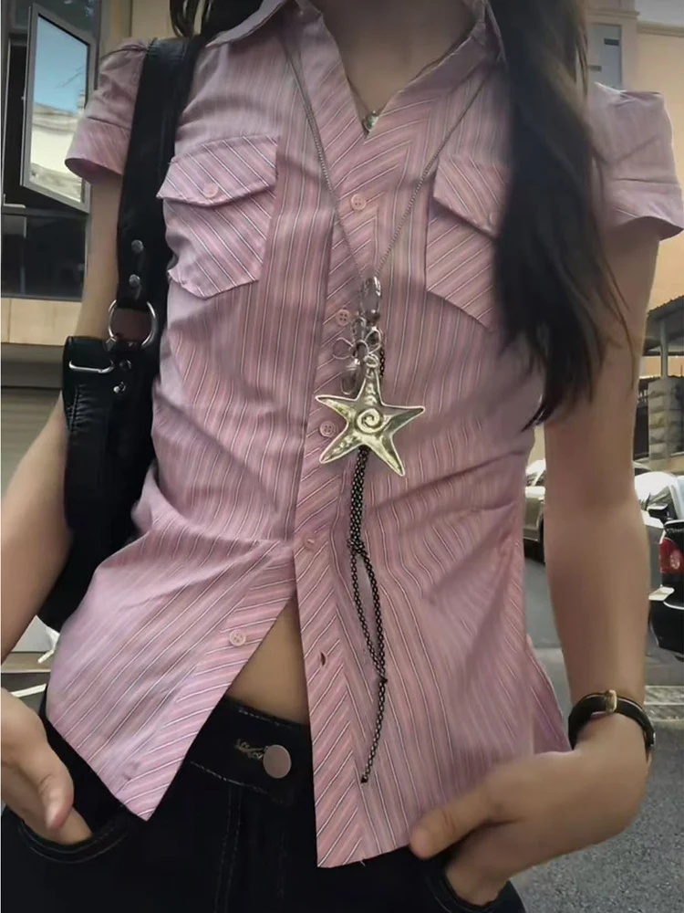 

Американская розовая полосатая блузка с завышенной талией и коротким рукавом для женщин, летняя, приталенная, в стиле Spicy Girl, высококачественная, универсальная.