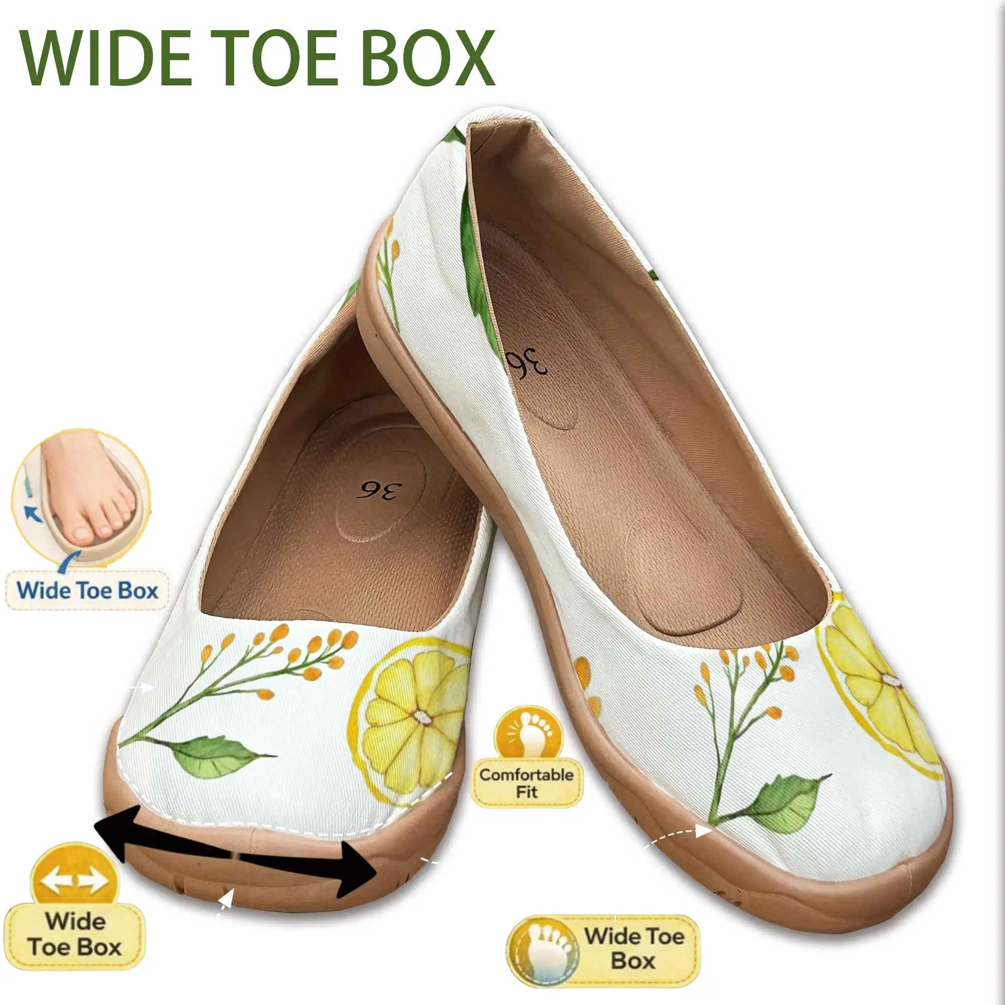 Fresh and Simple Lemon Petal Print Wide-Fit Fashion Women's Shoes, Slip-On Soft-Soled Shallow Shoes, Wide Toe That Doesn'T Squeeze the Feet, Lazy Shoes for Wide Feet