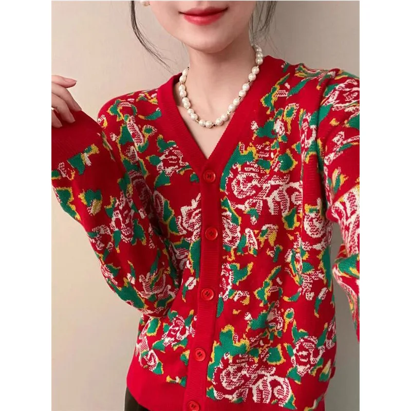 Ladies Trend Fashion Floral V-neck Long Sleeve Knitting Cardigan Women Clothes Vintage Buttons Slim Sweater Coat Autumn Top Tee