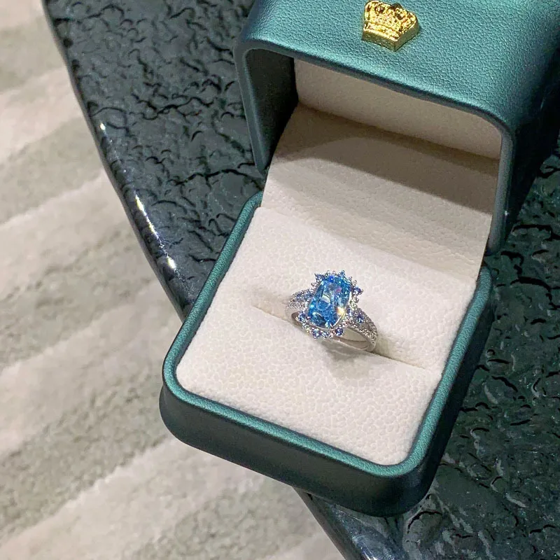 Luxury retro creative full diamond deep blue gem rings for women palace style silver 925 inlaid diamonds engagement ring jewelry