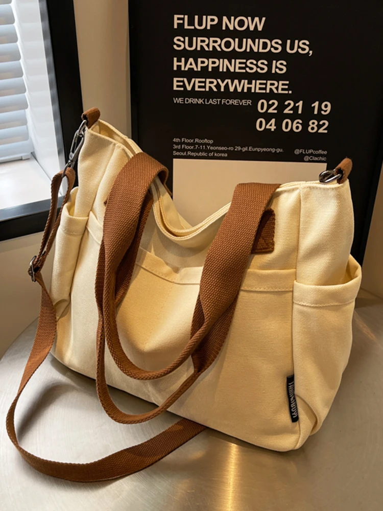 

Thiened Canvas Tote Bag with Multiple kets Commuter Casual Student Laptop Simple Handheld Single oulder Slant Crossed ...