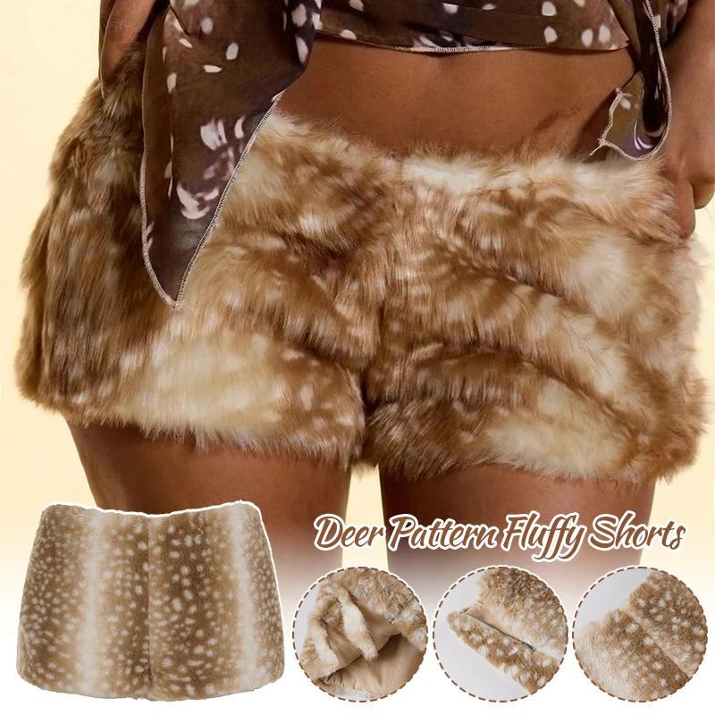 High Street Fluffy Splicing Shorts Women Winter Retro Deer Pattern Wasteland Style Spice Girl Booty Bottom