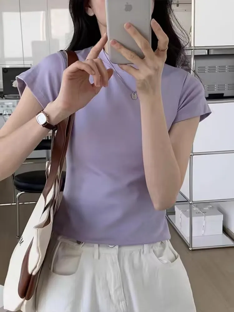 Новое поступление 2025 года, корейская версия, элегантная трендовая футболка высокого качества, весна-лето, женская шикарная минималистичная аккуратная хлопковая футболка с круглым вырезом, S-XL