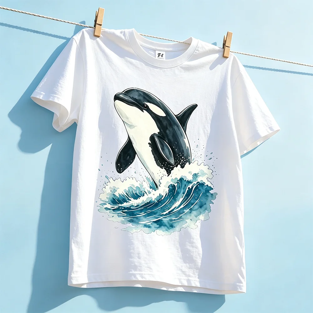 Unisex Watercolor Orca Killer Whale Ocean Wave Graphic T Shirt Marine Animal Art Short Sleeve Casual Tee