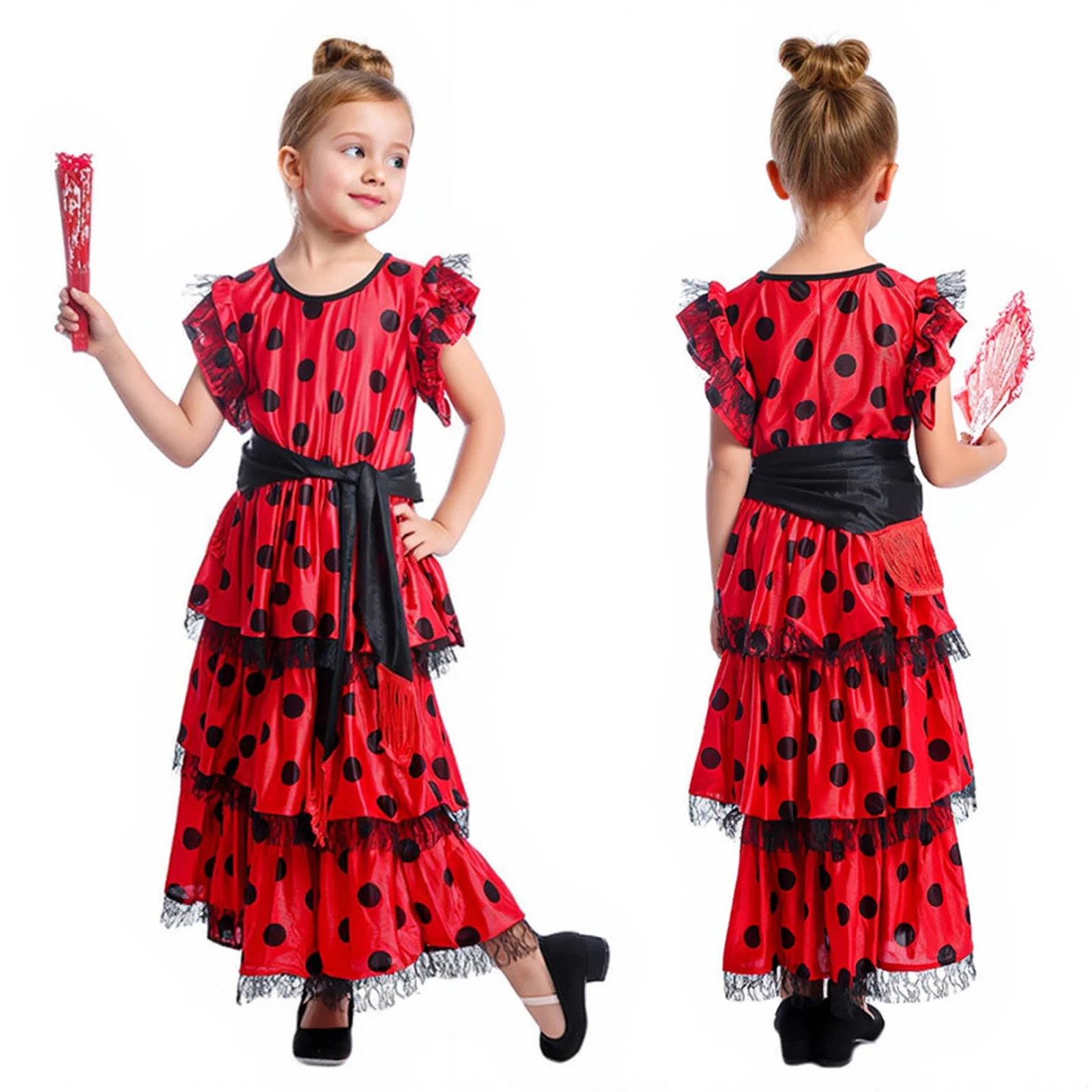 Children Girls Flamenco Dance Dress with Detachable Belt And Matching Fan Set Lyrical Ballroom Stage Performance Dance Costume