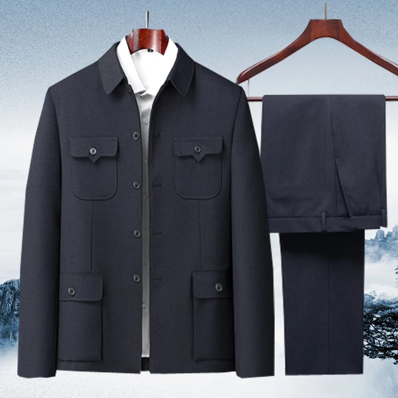 

Men's Zhongan Suit Jaet Set ly Spring Casual Wear Two-Piece Outfit Dad Clothes andpa Sle Ethnic Faion