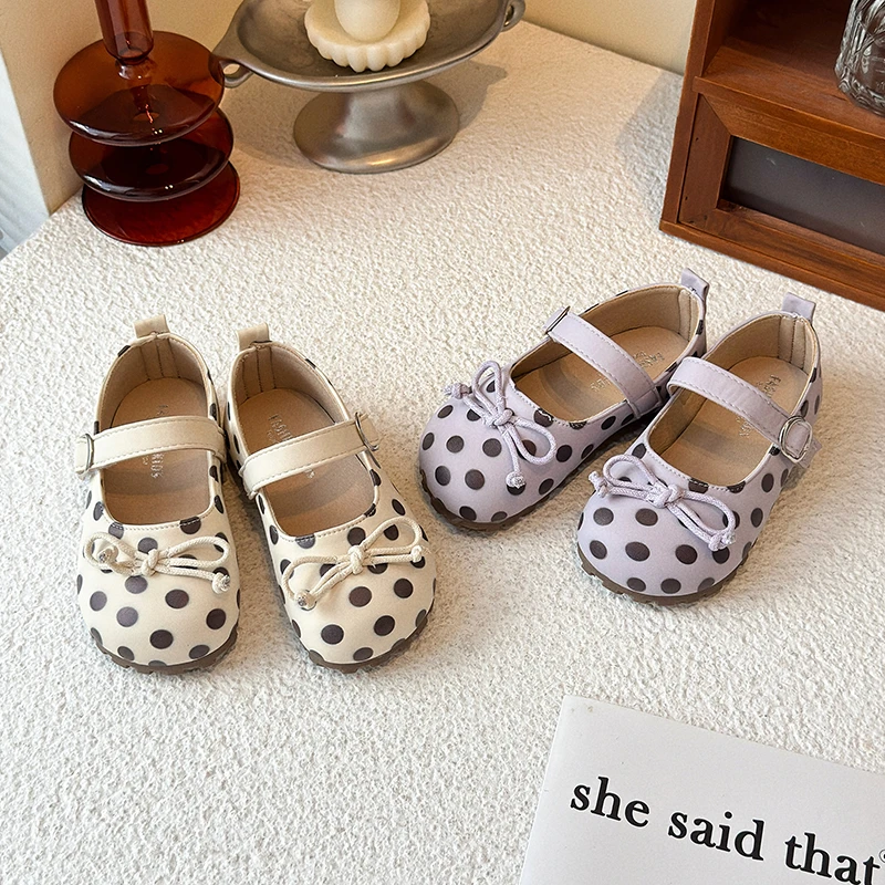 

Girls Leather Shoes Fashion Vintage Bow Polka Dots Print Mary Jane Shoes Cute Princess Ballet Wedding Party Shoes Anti-slip
