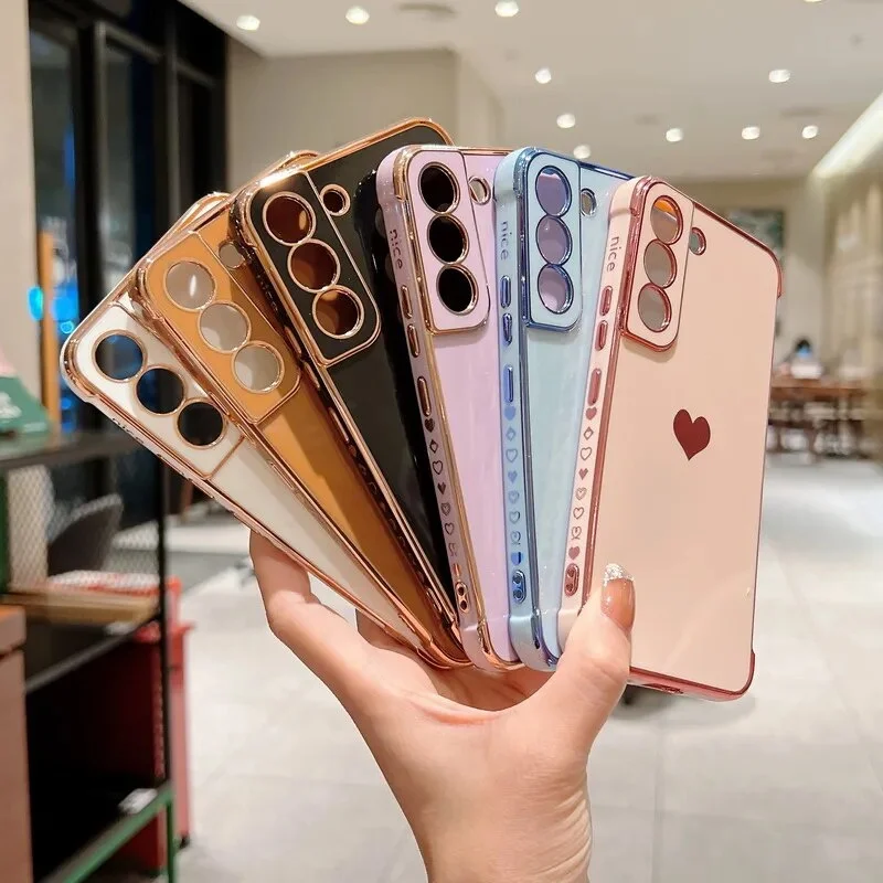 Luxury Plating Case For Samsung Galaxy S22 S23 Ultra S21 S20 FE A52 A53 S22 Plus A13 A54 A14 Love Heart Side Pattern Phone Cover