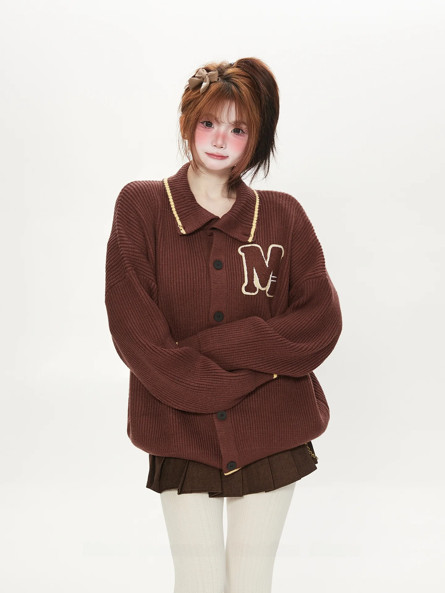 

Ретро-кардиган в американском студенческом стиле, свободный повседневный свитер-пальто для женщин, осенне-зимний, с отложным воротником, винтажный трикотаж