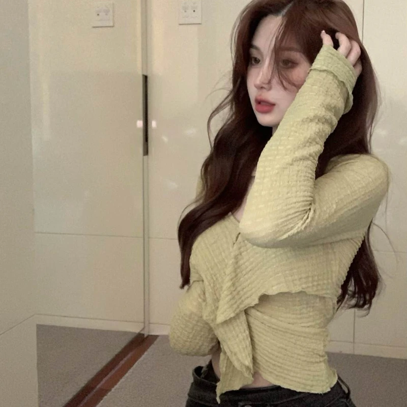 T-shirty damskie Slim Ruffles Chic Hotsweet Tender New Arrival Solid Crop Tops Korean Style Sexy All-match Casual College Girls
