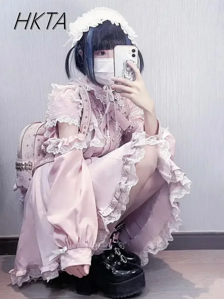 Japanese Mine Mass-Produced Shirt Women Sweet Girls Lace Bow Off-Shoulder Long Sleeve Top Y2k Autumn New Lolita Blouse Female