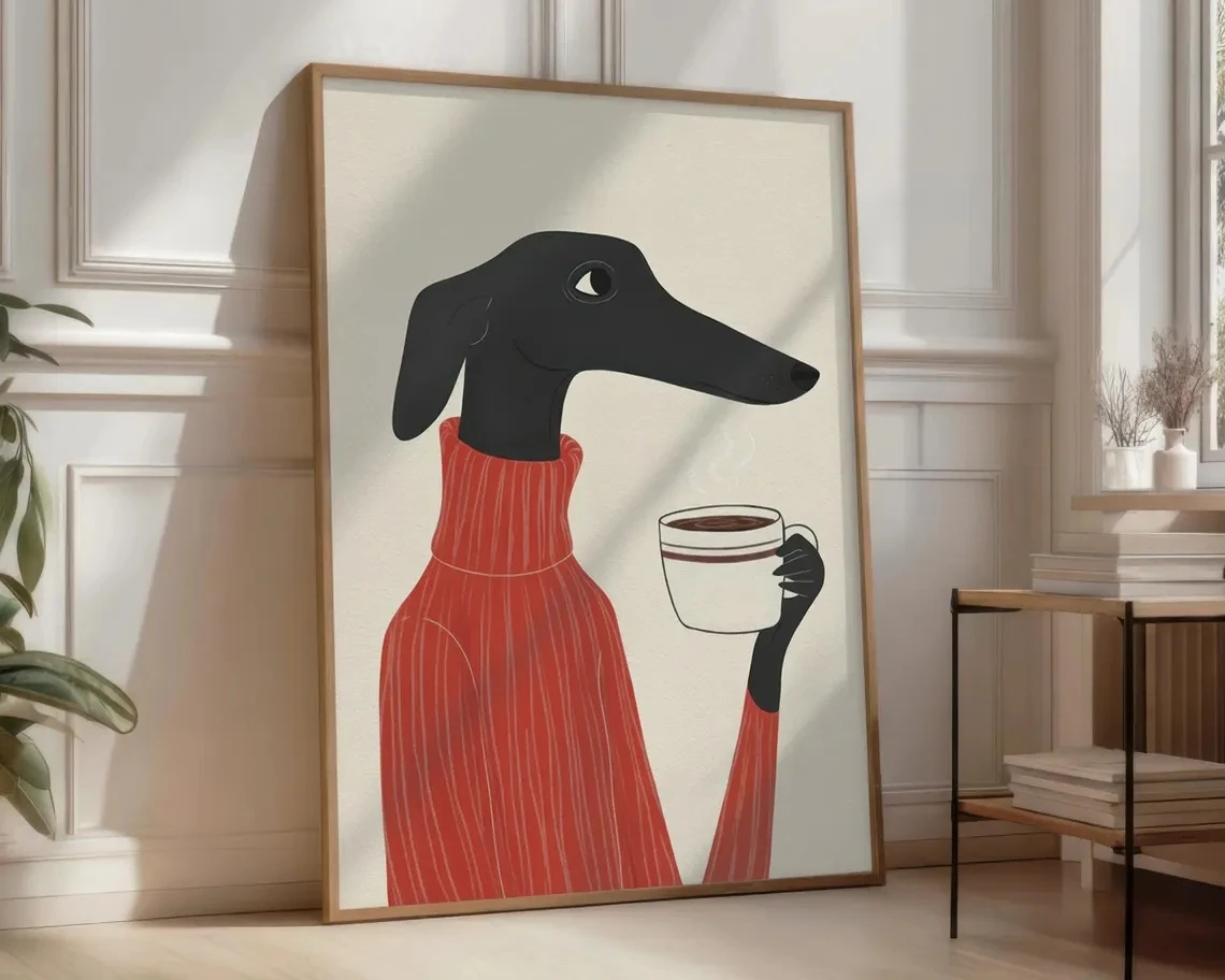 Greyhound Coffee Wall Art Canvas Print Whimsical Dog in Sweater Poster Nordic Wall Pictures for Living Room Home Decor Artwork