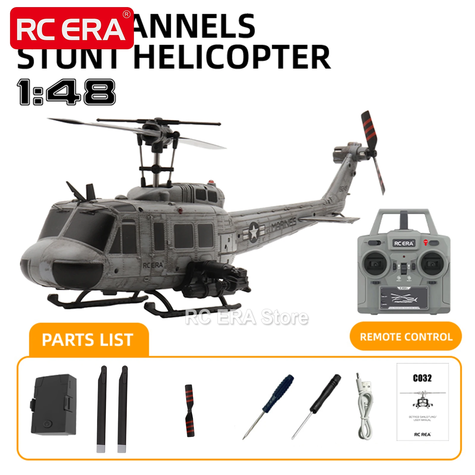 RC ERA C032 UH1 Huey Weathered Marine 6-Kanal-RC-Hubschrauber mit optischem Fluss TOF, automatisch stabilisierte Fernbedienung, Hobbyspielzeug für Jungen
