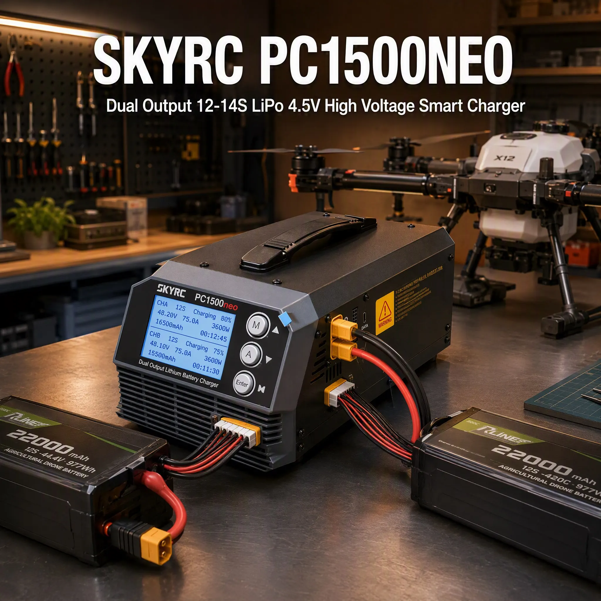 PC1500NEO Smart Dual-Channel Charger 25A Built-in CAN Bus 12-14S LiPo LiHV 4.5V Cell for Agricultural UAV Lithium Battery