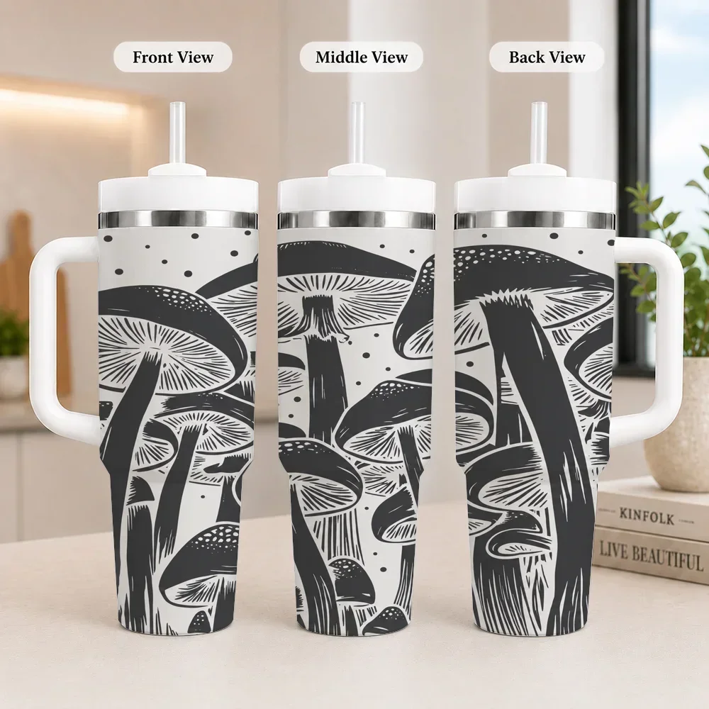 40oz Black White Woodcut Mushroom Tumbler With Handle And Straw Stainless Steel Insulated Travel Mug Full Wrap Print Large Capacity Coffee Cup Nature Gothic Gift