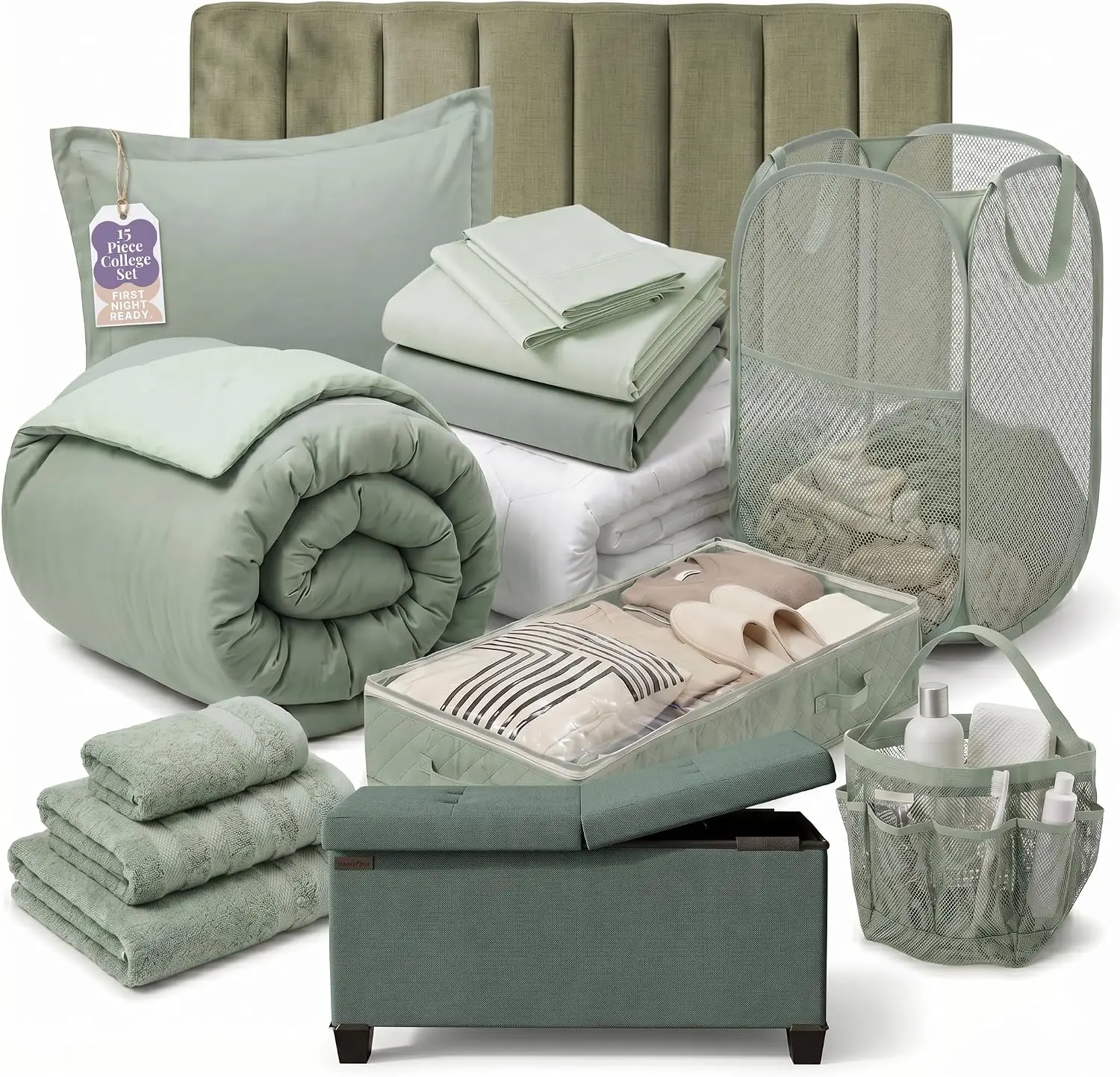 15 Piece Complete Dorm Room Set, Twin XL Comforter Set, Includes Sheet Set, Mattress Protector, Headboard, Towels, Organizers &
