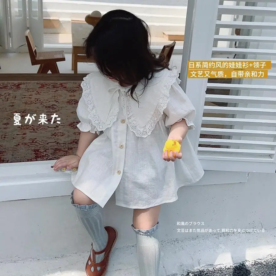 2-9Y Korean Baby Girls Retro Lapel Dress Spring Summer Children Toddler Casual Loose Short Sleeve White Sweet Princess Dresses