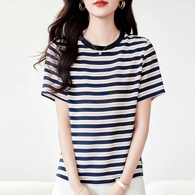 

100% Real Silk Women's T-shirt 2024 Summer Casual T-shirts Tees For Women Tops Loose Short Sleeve T shirt Woman Striped T shirts