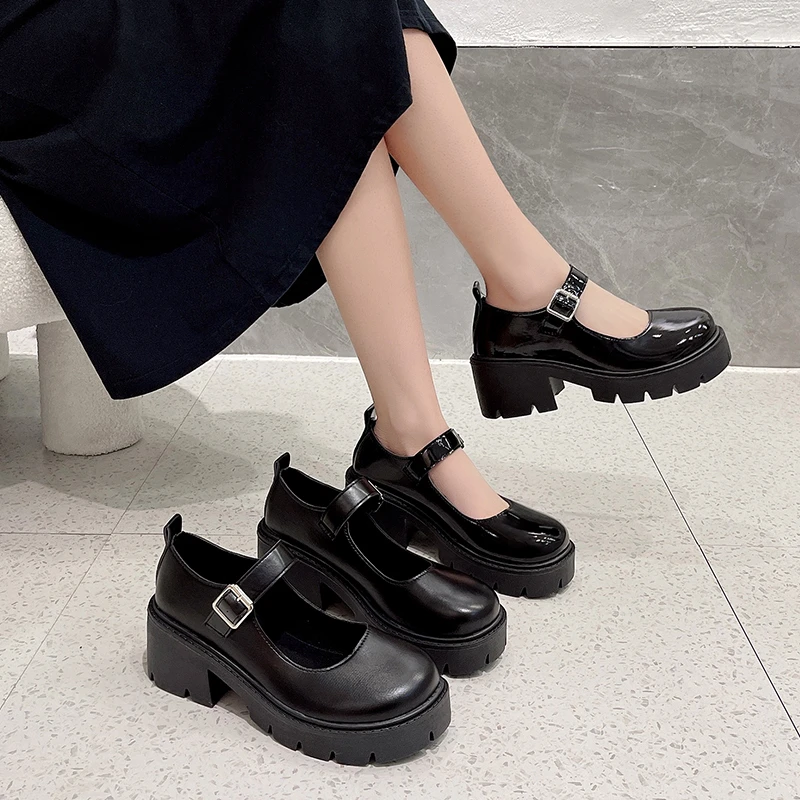 

Patent Leather Mary Jane Shoes Woman Punk Thick Heels Lolita Mujer Black Ankle Buckle Platform Pumps Women Japanese Style
