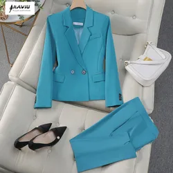 NAVIU Set da lavoro turchese da donna di alta qualità per pantaloni da donna completo da ufficio Blazer monopetto con pantaloni blu