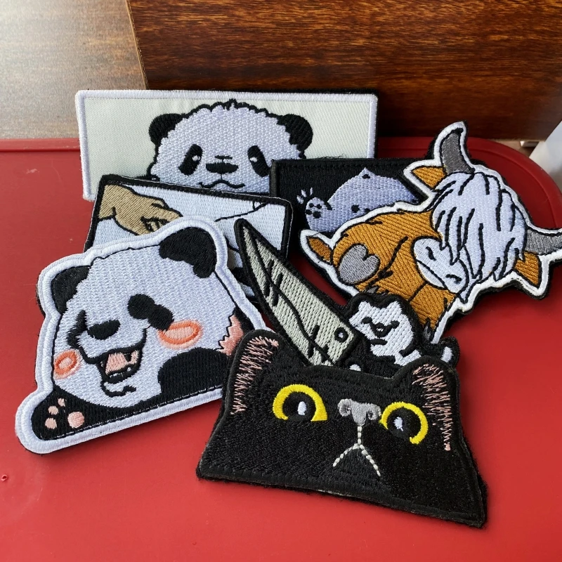 Cute Panda Embroidery Hook and Loop Patches Knife Cat Morale Badge Cute Kitten Expression Emblems Tactical Backpack Stickers