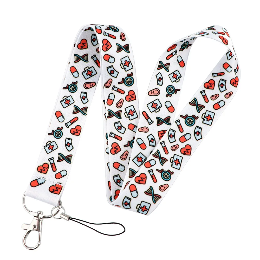 Hot Sales 1 Piece Polyester Medical Nurse Lanyard for ID Badge Holder Cute Pill Heart Print Phone Neck Strap Keychains Lanyard