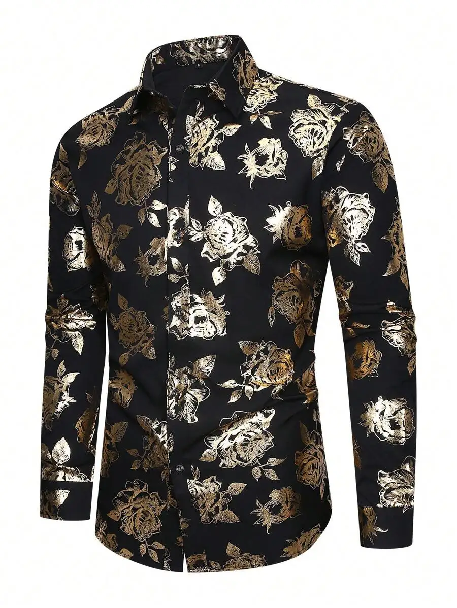 

Men's Long Sleeve Floral Print Shirt with Gold Foil Detail, Black