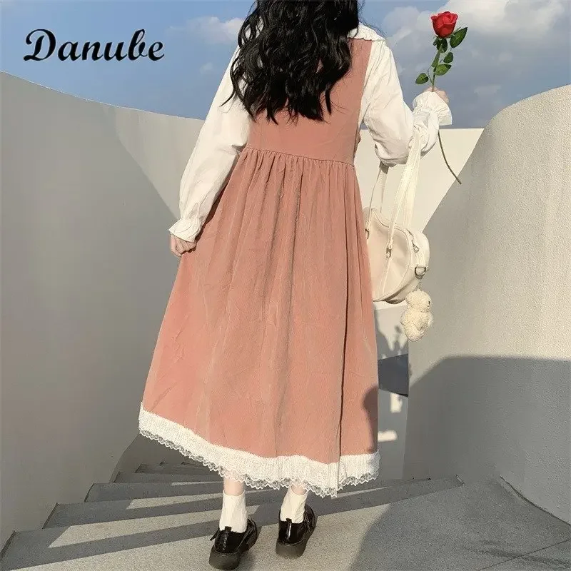 Vintage Long Sleeves Lolita Dress Women Japanese Kawaii Peter Pan Collar Shirt+High Waist Strap Midi Dress Female Party Vestidos