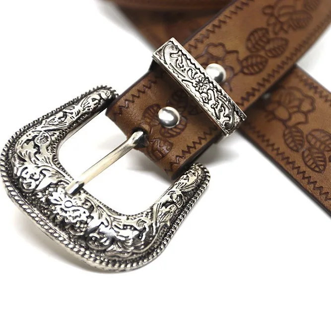 Western Retro Floral Engraved Antique Belt Buckle Set 3pcs Fits 38mm Belt Decor Metal Belt Head Belt Loop Belt Tail