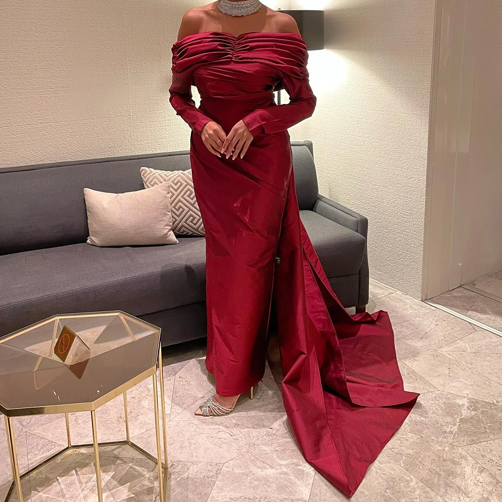 Customized High Quality Satin Straight Off the Shoulder Evening Dress Long Sleeves Burgundy Backless  Panel Train Party Dress