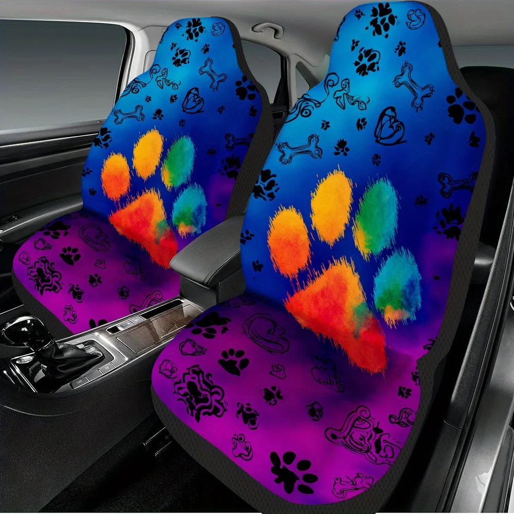Set Of 2, Vibrant Paw Print Design Car Seat Covers – Universal Fit, Sturdy High-Quality Protectors, Trendy Complete Set For 2 Fr