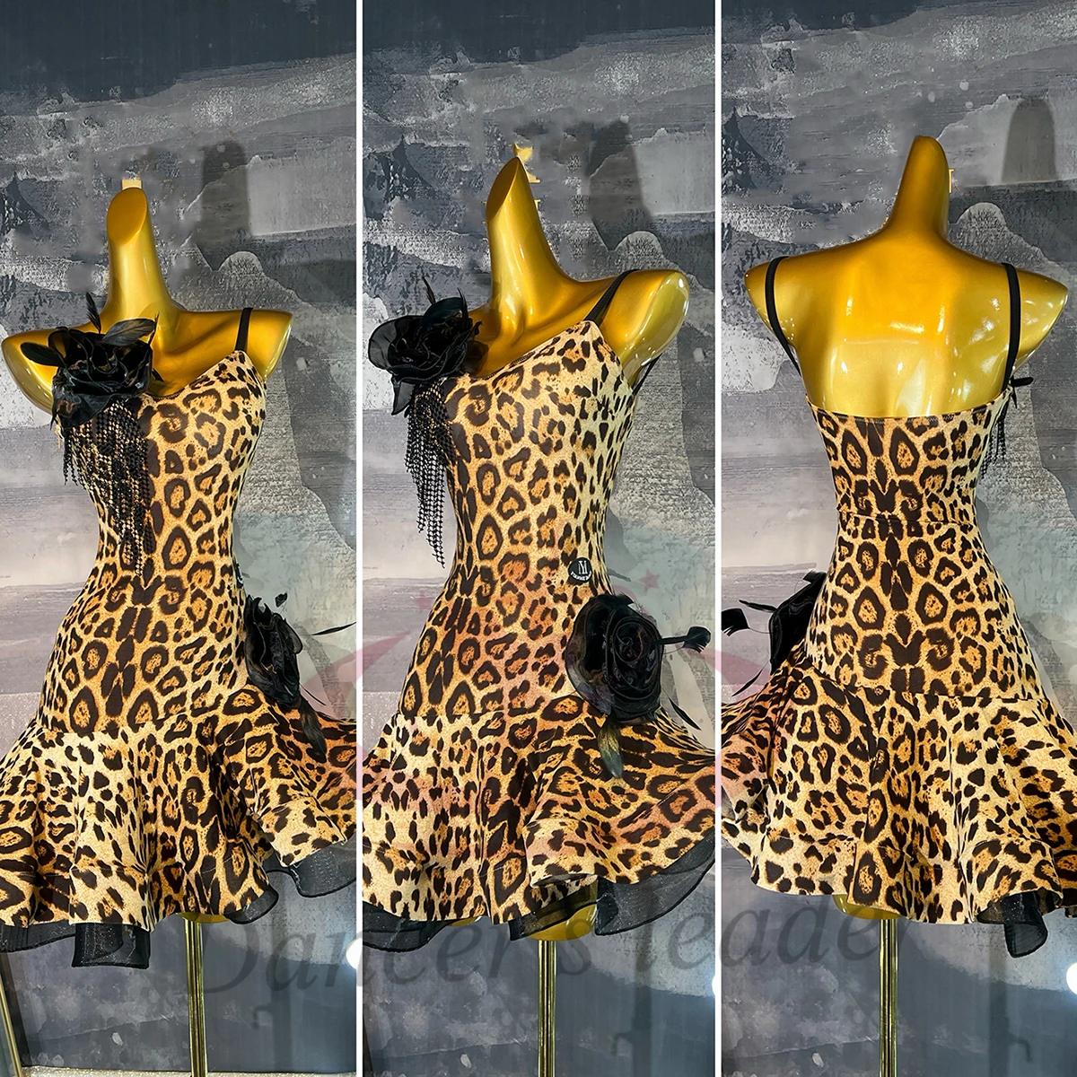 Latein-Tanzkostüm für Damen, Erwachsene und Kinder, hochwertiger, maßgeschneiderter Rock mit Leopardenmuster, präzises Tango-Performance-Kleid