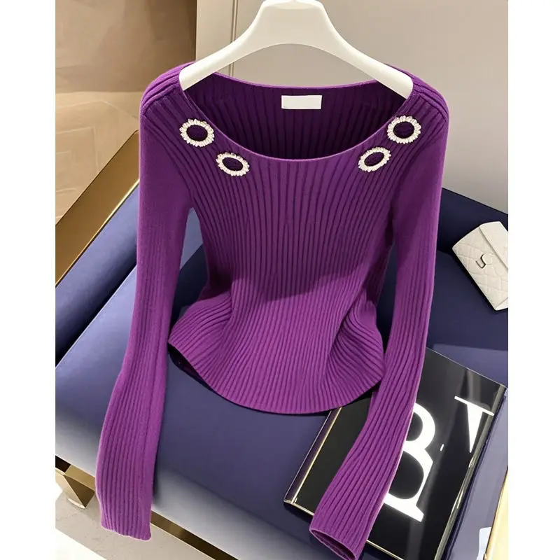 Office Lady O-Neck Pullover Long Sleeve Screw Thread Sweater Knitted Women's Clothing Autumn Winter Rivet All-match Chic Tops