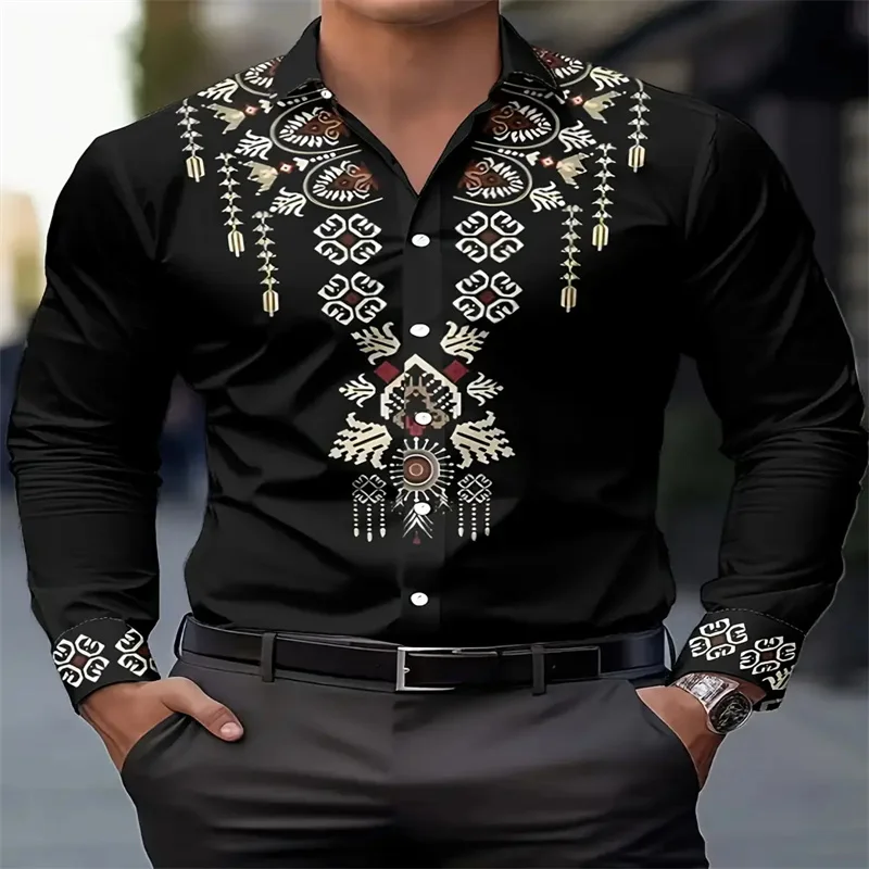 Men's Black Floral Pattern Long Sleeve Shirt - Button Neck Non Elastic Formal Casual Suit - Machine Washable Wedding Party Dress