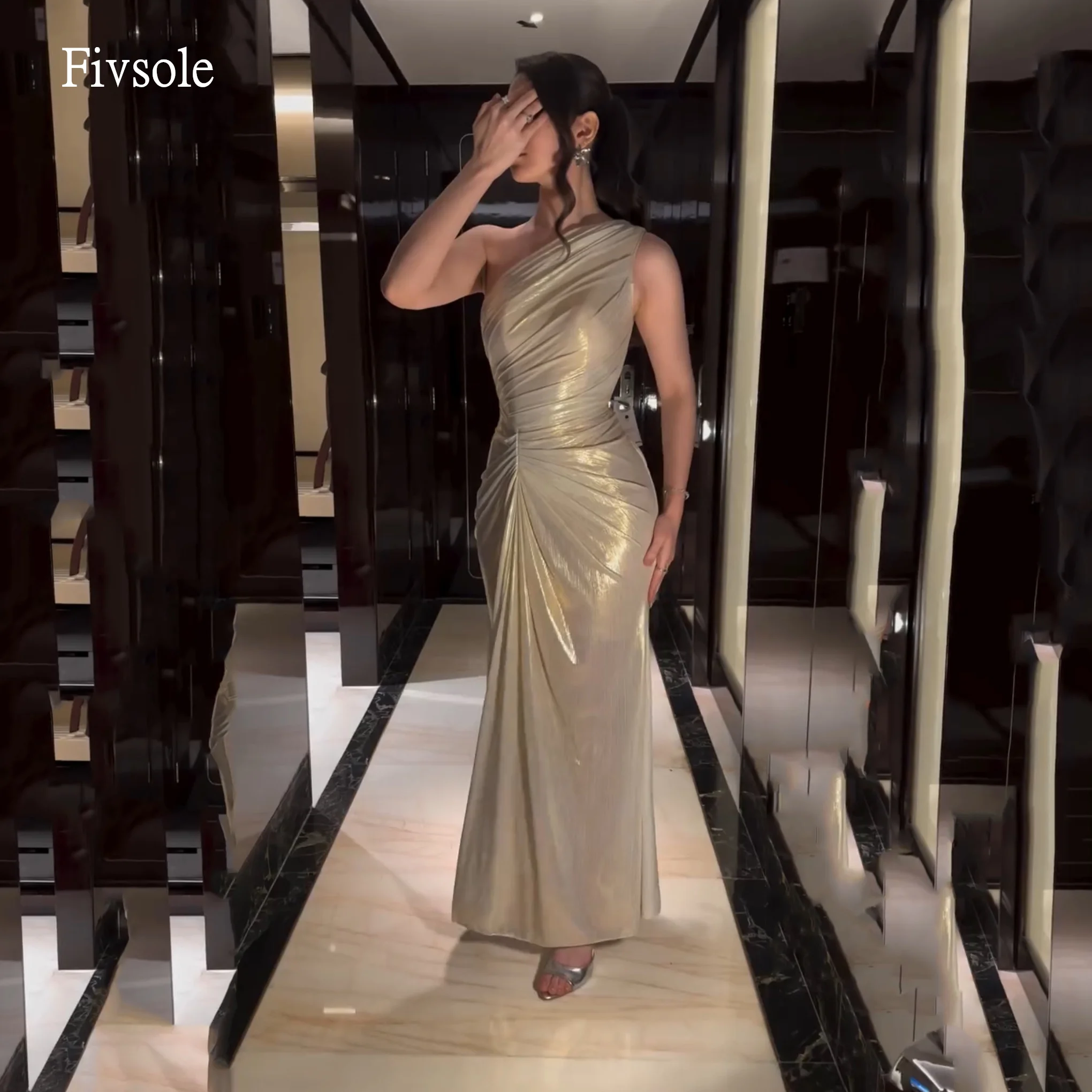 

Fivsole Shiny One Shoulder Mermaid Prom Gowns Backless Pleated Party Gown Modern Ankle Length Evening Dress Customized