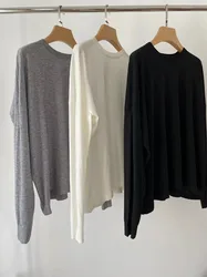 Early Autumn New Tops Loose Three -color Loose Version Wool Round Collar Long -sleeved T-shirt for Women