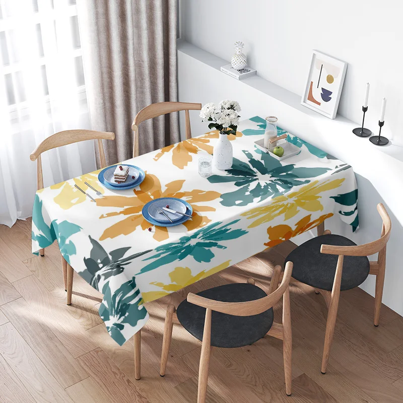 Modern Floral Tablecloth Vibrant Colorful Flower Print Dining Cover for Kitchen Decor (Blue/White/Green) 130x200cm Home Textiles