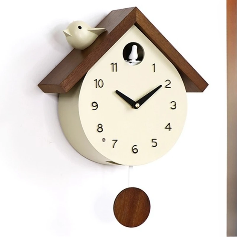 Solid Wood Swinging Cuckoo Report Time Wall Clock Living Room Clock Mural Watch Child Bedroom Mute Wall Clock Home Decor Gift